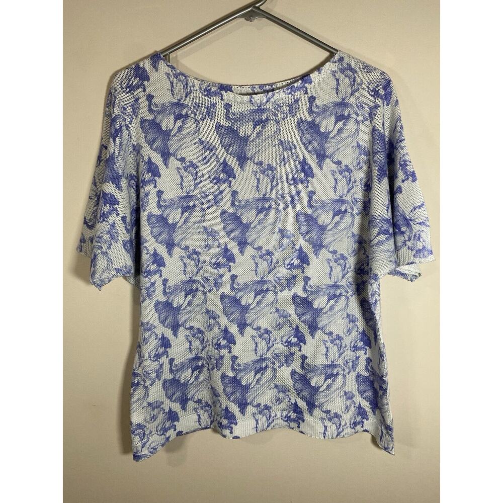 Luisa Ricci Top Women's LARGE Blue Floral Knit Blouse Dolman Sleeve Cottagecore